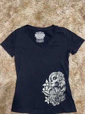 Lethal Angel Y2K Woman’s Black V Neck Fitted T Shirt Size Medium